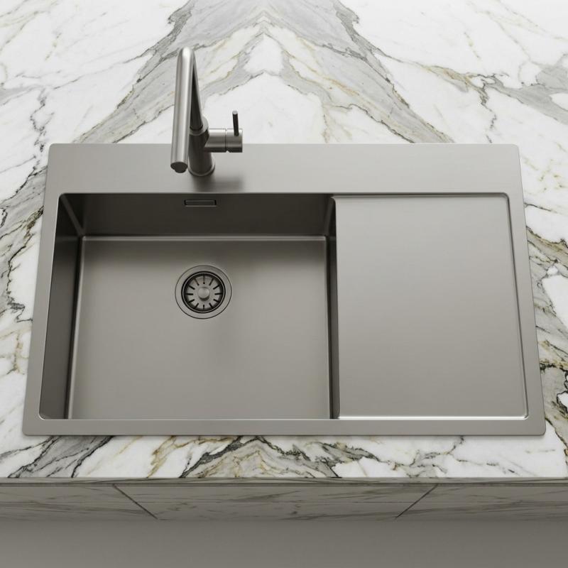 Pure.Sink Comfort PVD Gun Metal spoelbak met afdruipgedeelte 86x52 cm Tapwing links PCM5086LT-61
